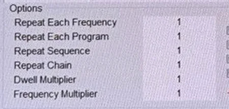 The Options section of Spooky2's Programs tab with Repeat Chain set to 1 and every other line at 1