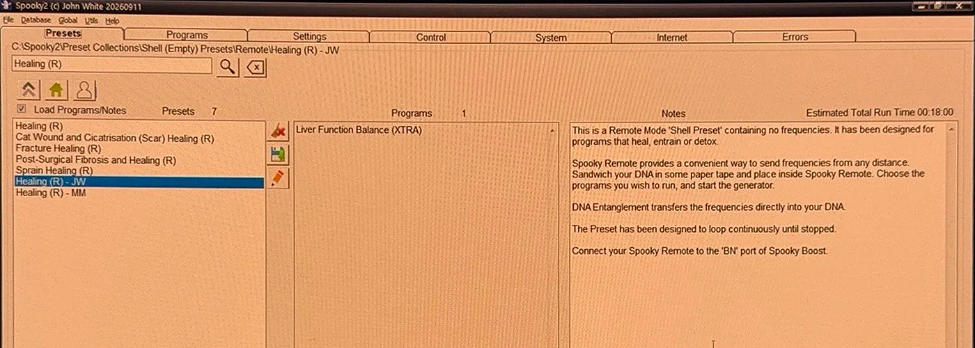 Spooky2's Presets tab with Healing (R) - JW selected and the folder path C:\Spooky2\Preset Collections\Shell (Empty) Presets\Remote\Healing (R) - JW above the search box