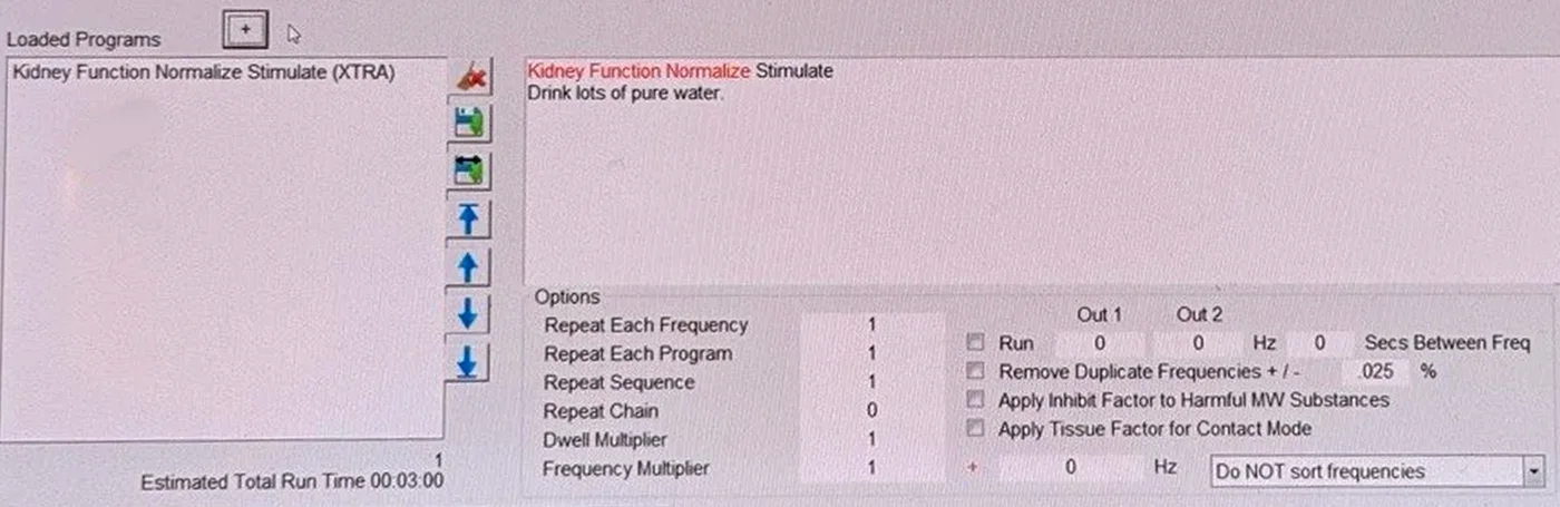 The bottom half of Spooky2's Programs tab with Kidney Function Normalize Stimulate (XTRA) under Loaded Programs, the note Drink lots of pure water, the Options list with Repeat Chain 0, and Estimated Total Run Time 00:03:00
