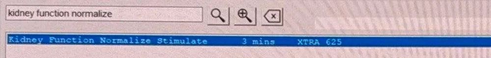 Spooky2's Programs tab search box with kidney function normalize typed in and the result line Kidney Function Normalize Stimulate 3 mins XTRA 625